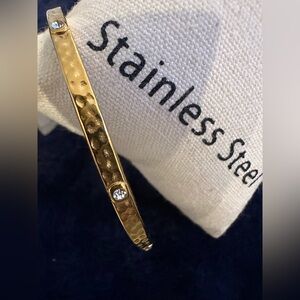 Stainless Steel Gold Plated Hammered Bangle with CZ Stone